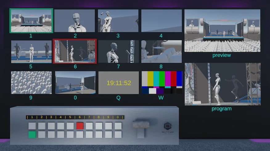MultiCam Simulator interface showing 10 camera feeds and broadcast switcher